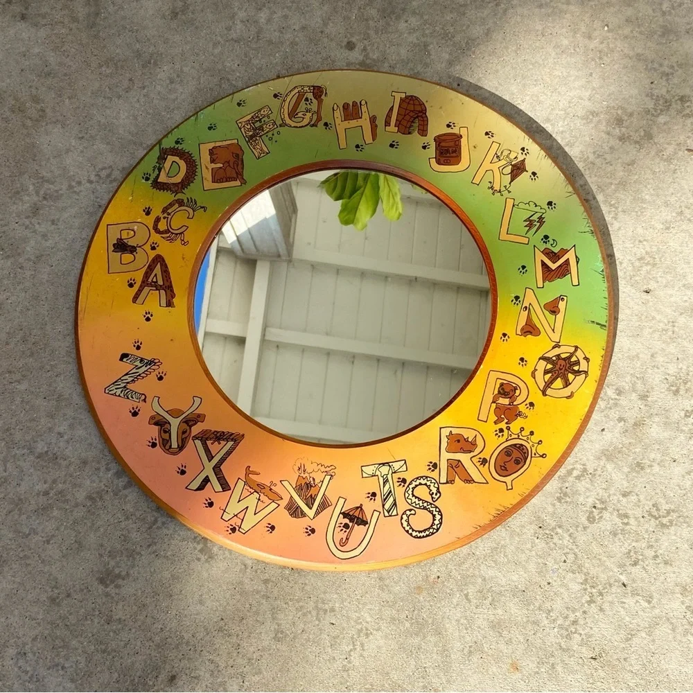 Vintage wooden alphabet letters mirror children’s room nursery home decor round